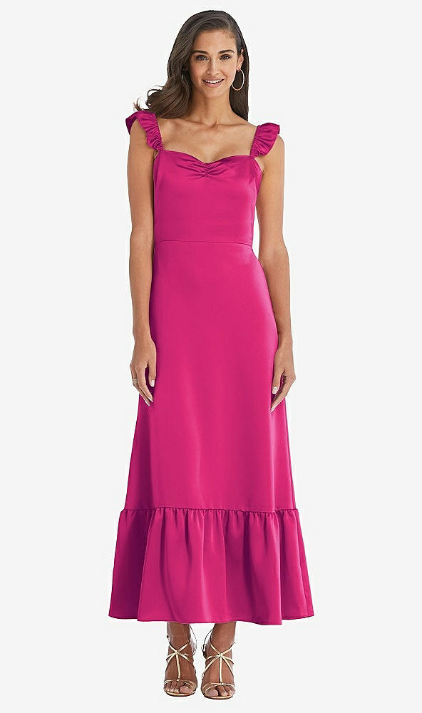 Front View - Think Pink Ruffled Convertible Sleeve Midi Dress