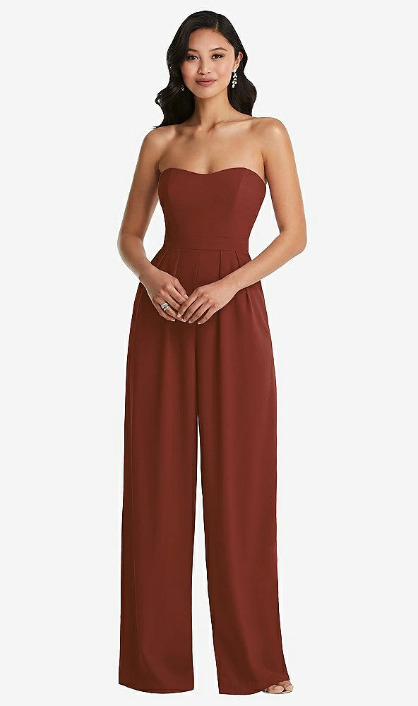 Front View - Auburn Moon Strapless Pleated Front Jumpsuit with Pockets