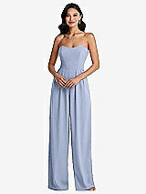 Front View Thumbnail - Sky Blue Strapless Pleated Front Jumpsuit with Pockets