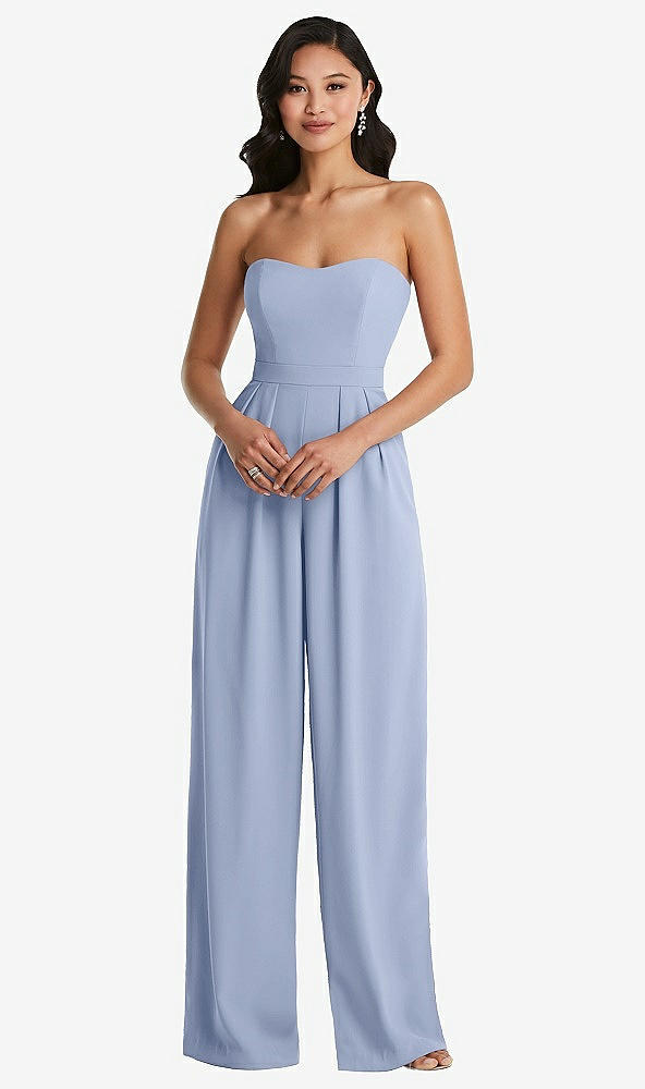 Front View - Sky Blue Strapless Pleated Front Jumpsuit with Pockets