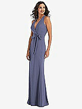 Side View Thumbnail - French Blue Open-Back Halter Maxi Dress with Draped Bow