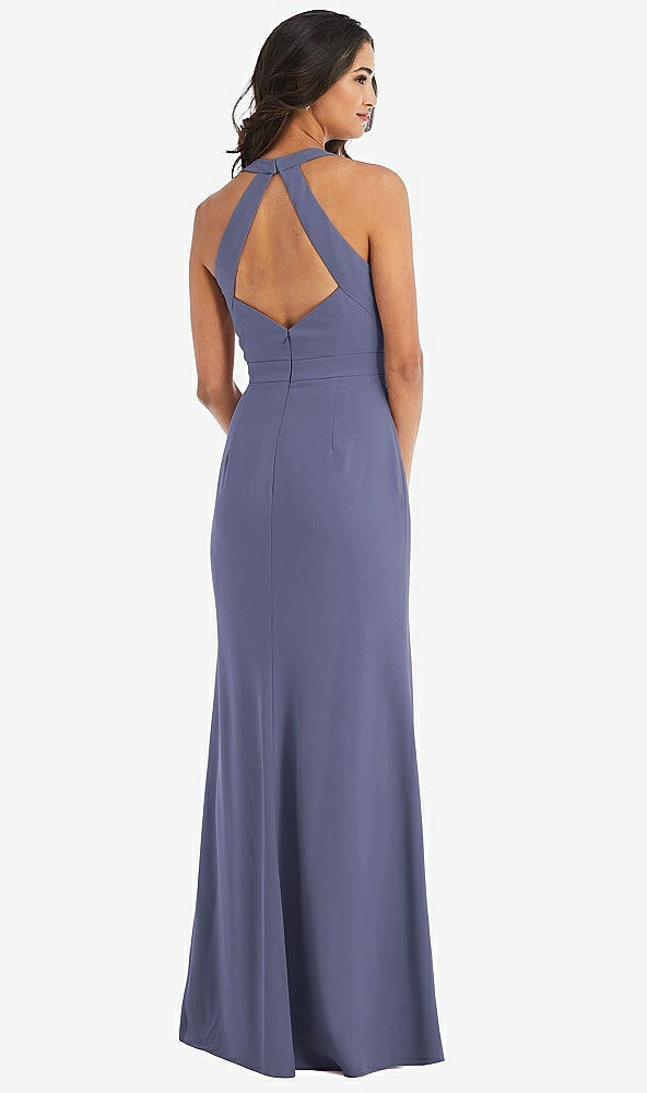 Back View - French Blue Open-Back Halter Maxi Dress with Draped Bow