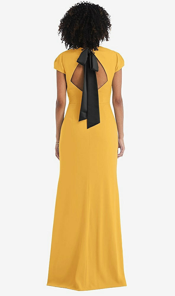 Front View - NYC Yellow & Black Puff Cap Sleeve Cutout Tie-Back Trumpet Gown