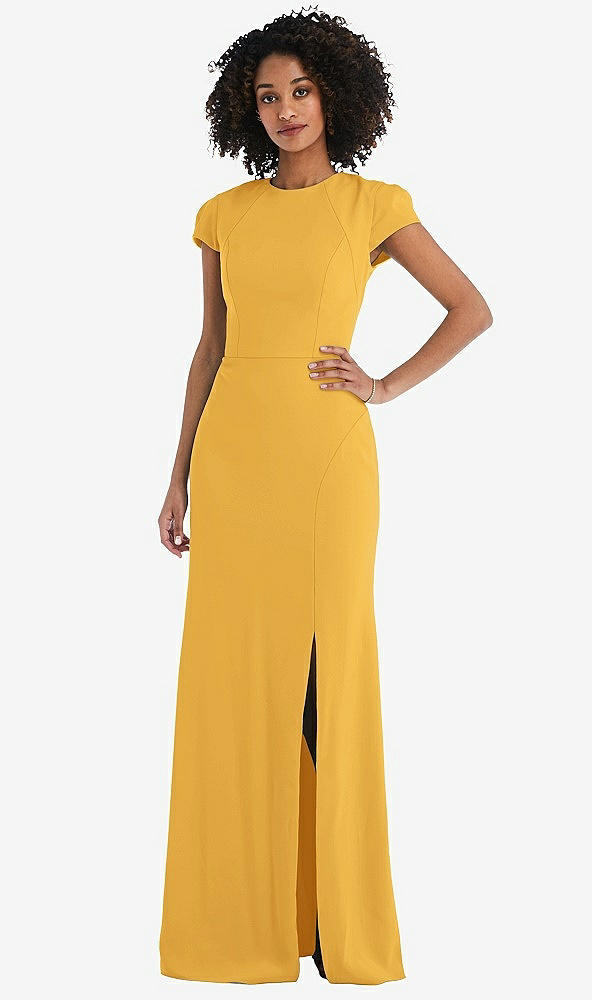 Back View - NYC Yellow & Black Puff Cap Sleeve Cutout Tie-Back Trumpet Gown
