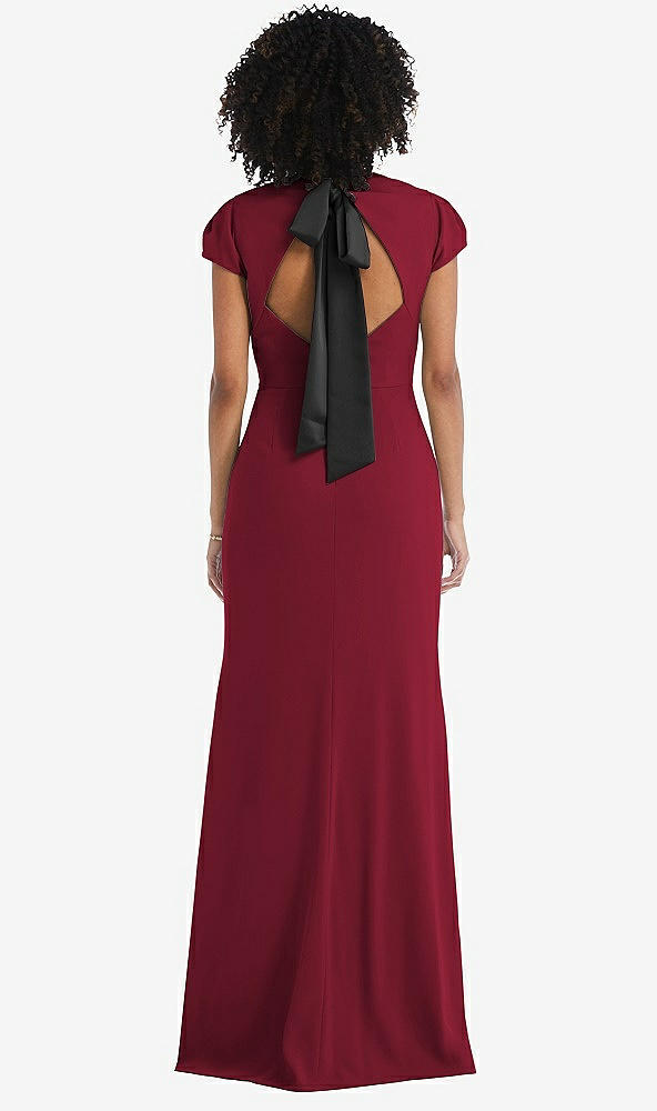 Front View - Burgundy & Black Puff Cap Sleeve Cutout Tie-Back Trumpet Gown