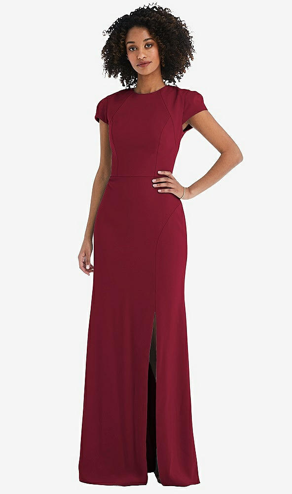 Back View - Burgundy & Black Puff Cap Sleeve Cutout Tie-Back Trumpet Gown