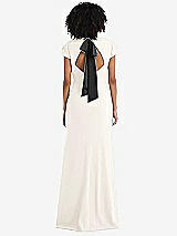 Front View Thumbnail - Ivory & Black Puff Cap Sleeve Cutout Tie-Back Trumpet Gown