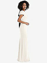 Side View Thumbnail - Ivory & Black Puff Cap Sleeve Cutout Tie-Back Trumpet Gown