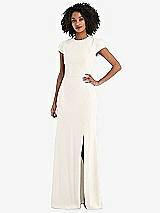 Rear View Thumbnail - Ivory & Black Puff Cap Sleeve Cutout Tie-Back Trumpet Gown
