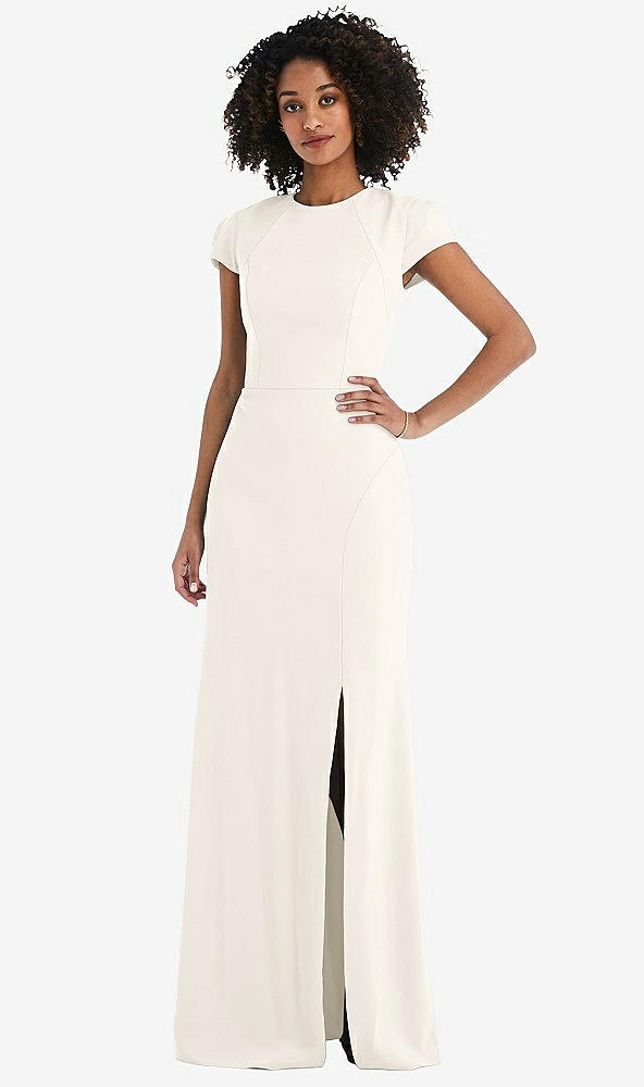 Back View - Ivory & Black Puff Cap Sleeve Cutout Tie-Back Trumpet Gown