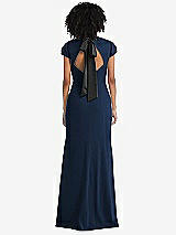 Front View Thumbnail - Midnight Navy & Black Puff Cap Sleeve Cutout Tie-Back Trumpet Gown