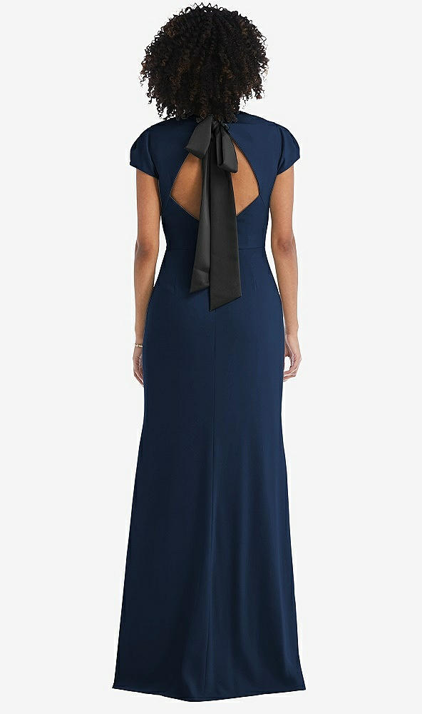 Front View - Midnight Navy & Black Puff Cap Sleeve Cutout Tie-Back Trumpet Gown