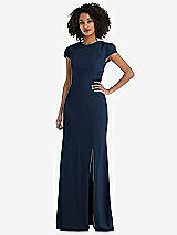 Rear View Thumbnail - Midnight Navy & Black Puff Cap Sleeve Cutout Tie-Back Trumpet Gown