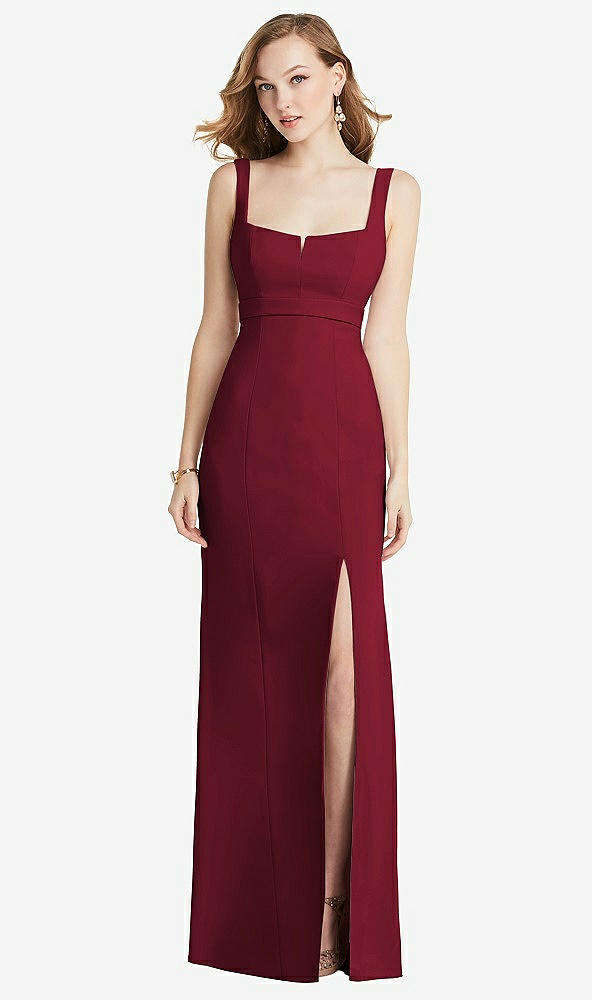 Front View - Burgundy Wide Strap Notch Empire Waist Dress with Front Slit