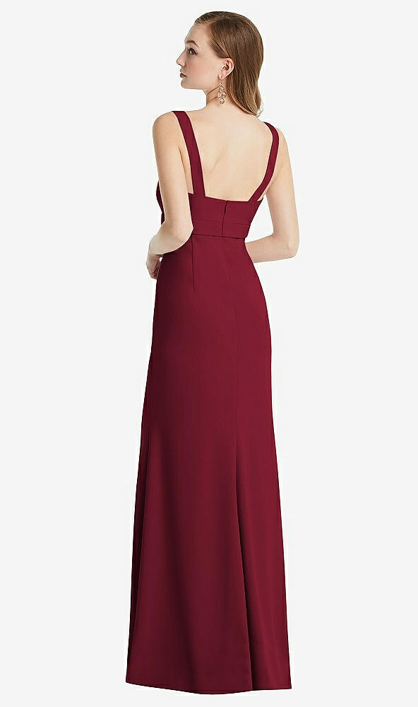 Back View - Burgundy Wide Strap Notch Empire Waist Dress with Front Slit