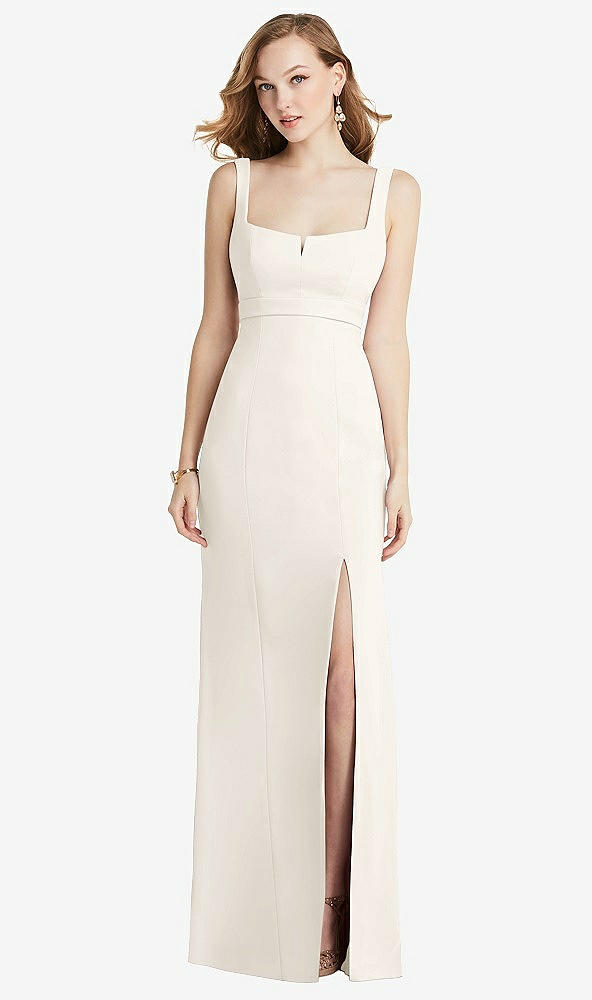 Front View - Ivory Wide Strap Notch Empire Waist Dress with Front Slit