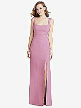 Front View Thumbnail - Powder Pink Wide Strap Notch Empire Waist Dress with Front Slit