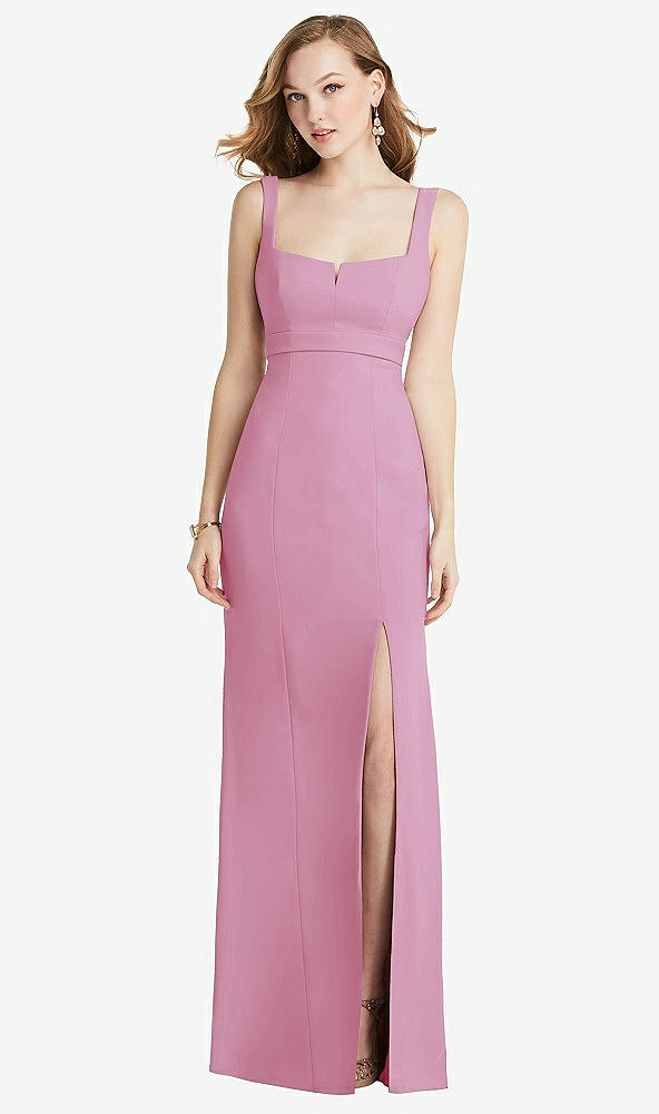 Front View - Powder Pink Wide Strap Notch Empire Waist Dress with Front Slit