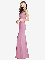 Side View Thumbnail - Powder Pink Wide Strap Notch Empire Waist Dress with Front Slit