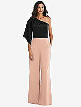 Front View Thumbnail - Pale Peach & Black One-Shoulder Bell Sleeve Jumpsuit with Pockets
