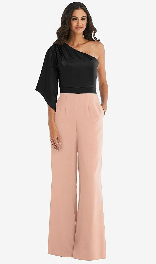 Front View - Pale Peach & Black One-Shoulder Bell Sleeve Jumpsuit with Pockets