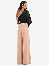 Rear View Thumbnail - Pale Peach & Black One-Shoulder Bell Sleeve Jumpsuit with Pockets