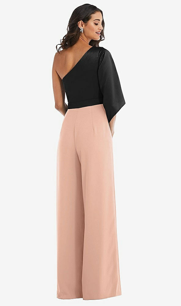Back View - Pale Peach & Black One-Shoulder Bell Sleeve Jumpsuit with Pockets