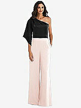 Front View Thumbnail - Blush & Black One-Shoulder Bell Sleeve Jumpsuit with Pockets