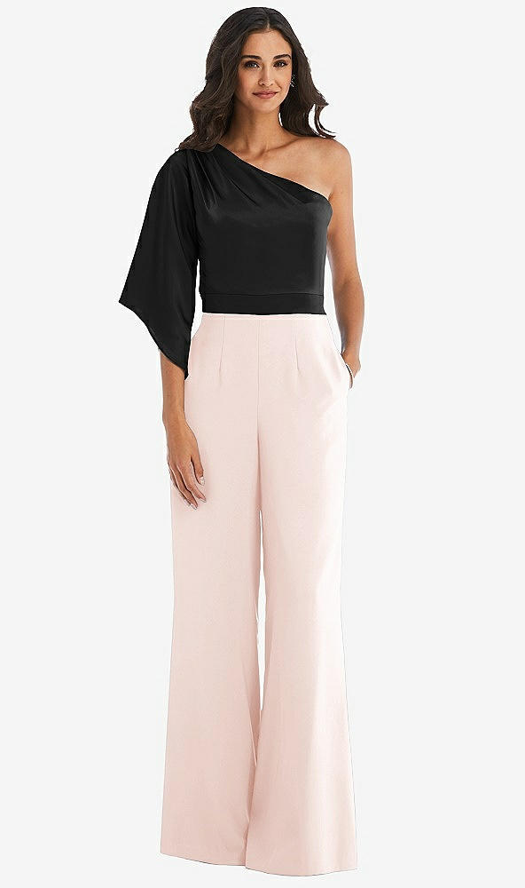 Front View - Blush & Black One-Shoulder Bell Sleeve Jumpsuit with Pockets