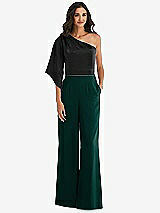 Front View Thumbnail - Evergreen & Black One-Shoulder Bell Sleeve Jumpsuit with Pockets