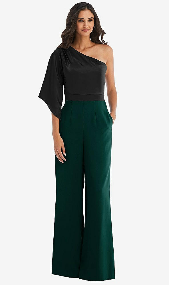Front View - Evergreen & Black One-Shoulder Bell Sleeve Jumpsuit with Pockets