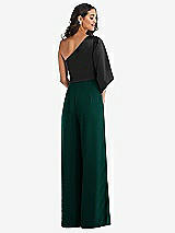 Rear View Thumbnail - Evergreen & Black One-Shoulder Bell Sleeve Jumpsuit with Pockets