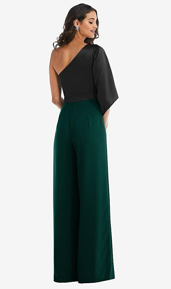 Back View - Evergreen & Black One-Shoulder Bell Sleeve Jumpsuit with Pockets