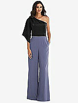 Front View Thumbnail - French Blue & Black One-Shoulder Bell Sleeve Jumpsuit with Pockets