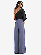 Rear View Thumbnail - French Blue & Black One-Shoulder Bell Sleeve Jumpsuit with Pockets