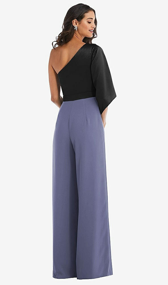 Back View - French Blue & Black One-Shoulder Bell Sleeve Jumpsuit with Pockets