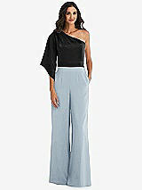 Front View Thumbnail - Mist & Black One-Shoulder Bell Sleeve Jumpsuit with Pockets
