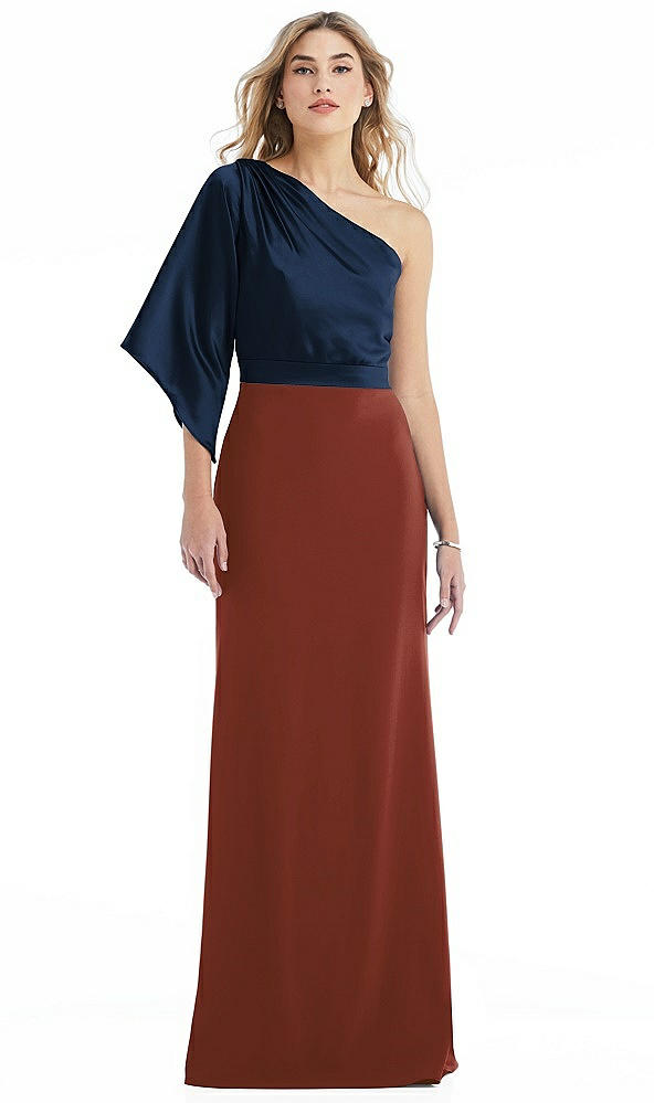 Front View - Auburn Moon & Midnight Navy One-Shoulder Bell Sleeve Trumpet Gown