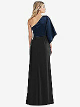 Rear View Thumbnail - Black & Midnight Navy One-Shoulder Bell Sleeve Trumpet Gown