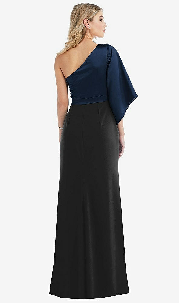 Back View - Black & Midnight Navy One-Shoulder Bell Sleeve Trumpet Gown