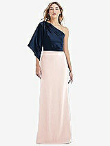 Front View Thumbnail - Blush & Midnight Navy One-Shoulder Bell Sleeve Trumpet Gown