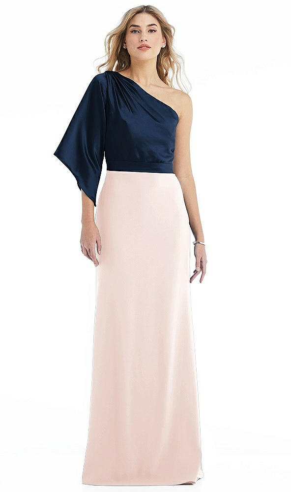 Front View - Blush & Midnight Navy One-Shoulder Bell Sleeve Trumpet Gown