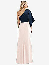 Rear View Thumbnail - Blush & Midnight Navy One-Shoulder Bell Sleeve Trumpet Gown