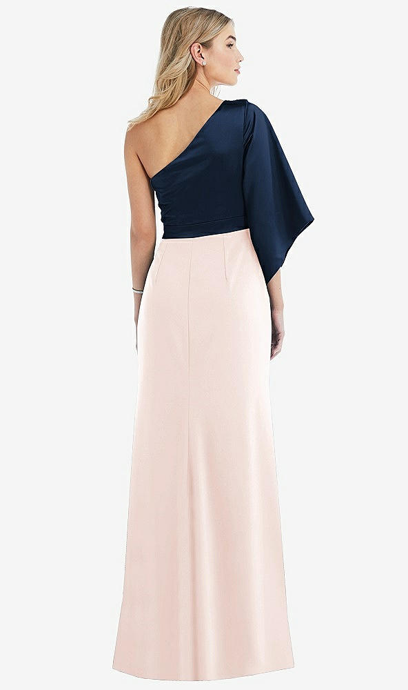 Back View - Blush & Midnight Navy One-Shoulder Bell Sleeve Trumpet Gown