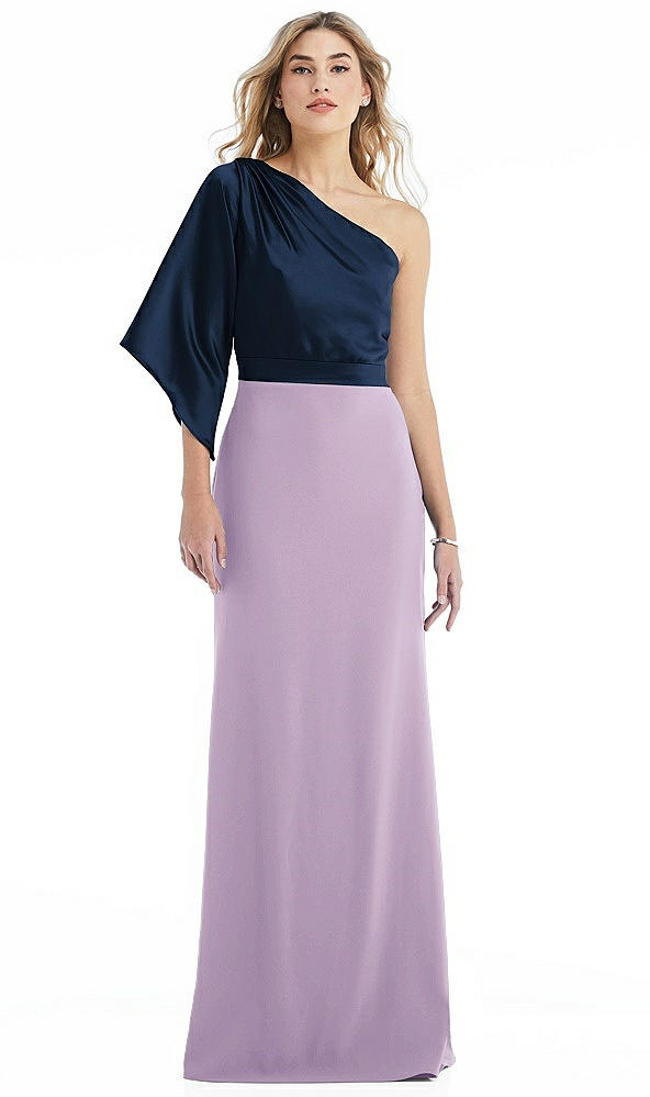 Front View - Pale Purple & Midnight Navy One-Shoulder Bell Sleeve Trumpet Gown