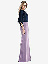 Side View Thumbnail - Pale Purple & Midnight Navy One-Shoulder Bell Sleeve Trumpet Gown