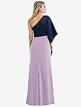 Rear View Thumbnail - Pale Purple & Midnight Navy One-Shoulder Bell Sleeve Trumpet Gown