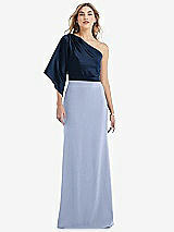 Front View Thumbnail - Sky Blue & Midnight Navy One-Shoulder Bell Sleeve Trumpet Gown