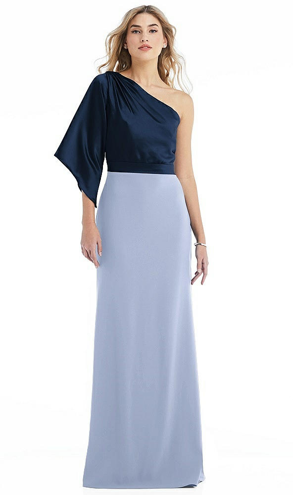 Front View - Sky Blue & Midnight Navy One-Shoulder Bell Sleeve Trumpet Gown