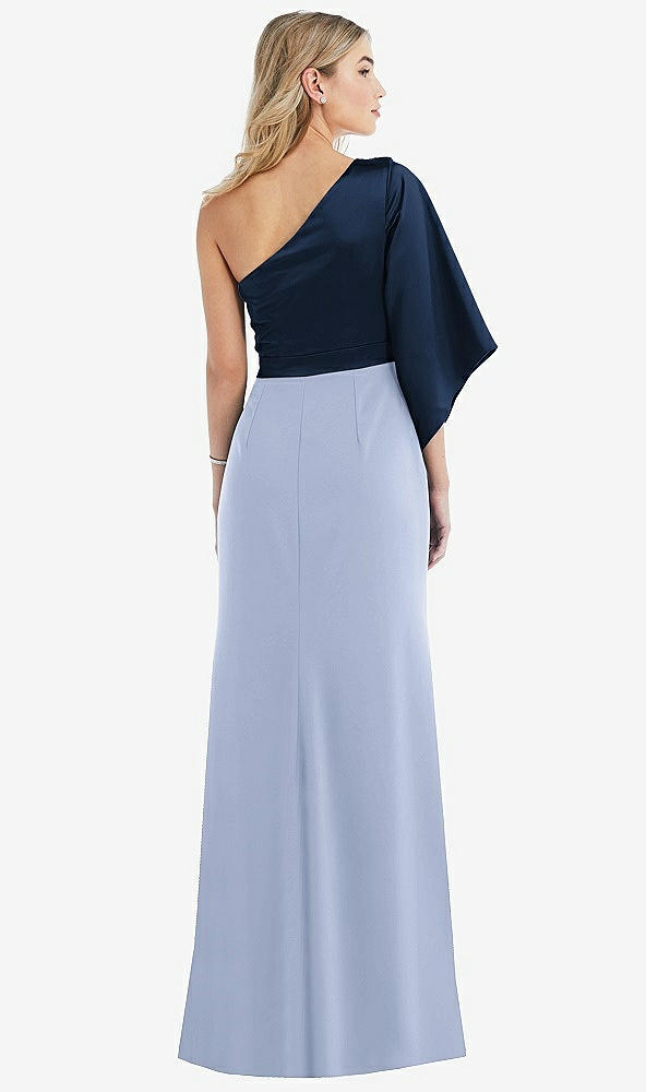 Back View - Sky Blue & Midnight Navy One-Shoulder Bell Sleeve Trumpet Gown